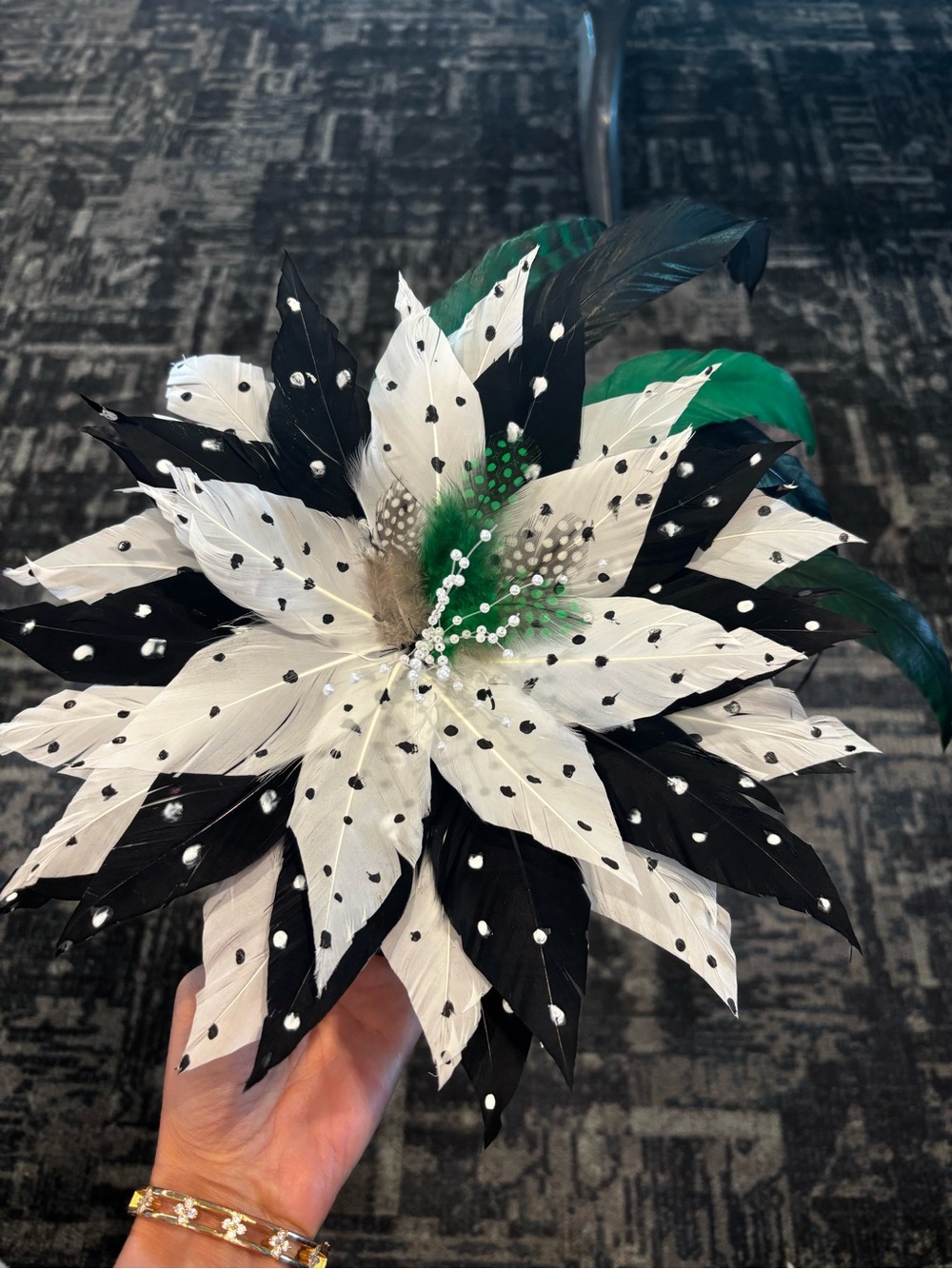 Black, White & Green Feather Floral Polka Dot Fascinator